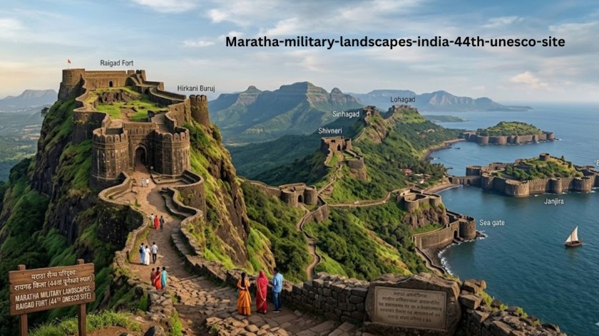 Panoramic image of 'Maratha Military Landscapes' in Maharashtra, India, depicting integrated hill forts like Raigad (44th UNESCO Site), Shivneri, Sinhagad, and coastal forts like Sindhudurg and Vijaydurg, showcasing their strategic defense architecture under a partly cloudy sky at sunrise.