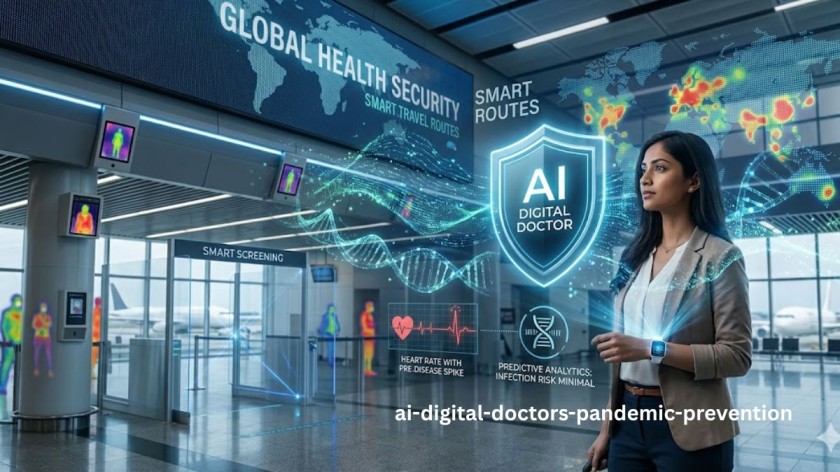 ai-digital-doctors इंटरफ़ेस और भविष्य के स्मार्ट एयरपोर्ट पर थर्मल हेल्थ स्क्रीनिंग।"