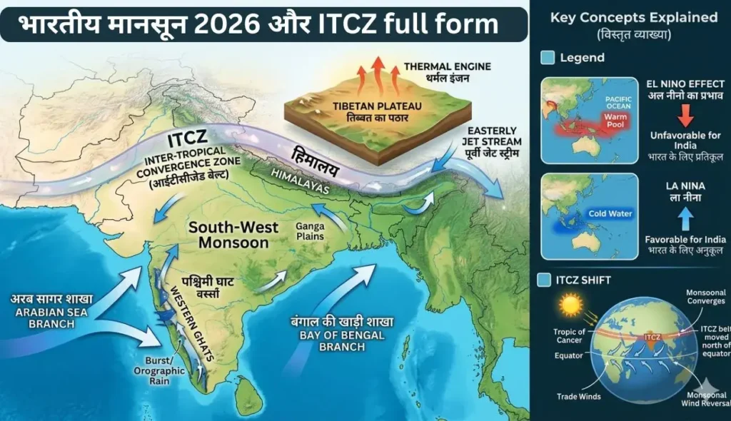 भारतीय मानसून 2026 और ITCZ full form को समझाता हुआ भौगोलिक इन्फोग्राफिक नक्शा