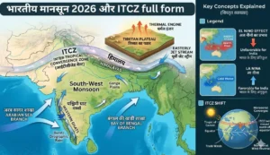 भारतीय मानसून 2026 और ITCZ full form को समझाता हुआ भौगोलिक इन्फोग्राफिक नक्शा