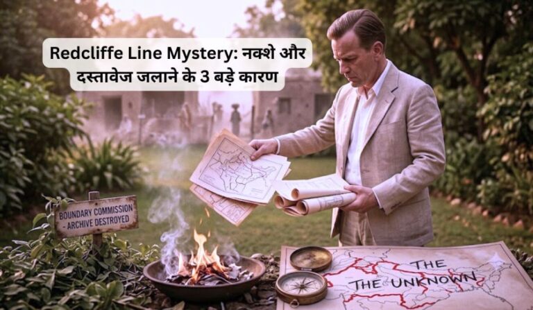 "1947 में भारत-पाकिस्तान विभाजन के मुख्य वास्तुकार सिरिल रेडक्लिफ एक रहस्यमयी बगीचे में Redcliffe Line के नक्शे और गोपनीय दस्तावेज जलाते हुए, एक गंभीर और दुखद क्षण।"
