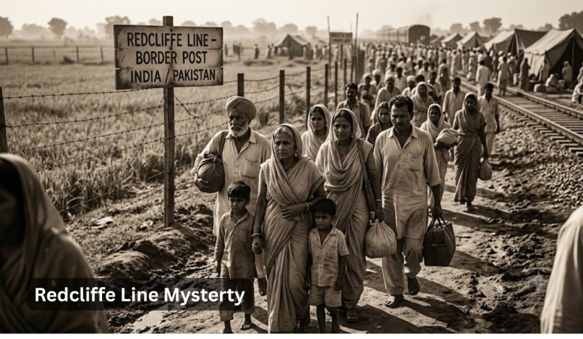 "A poignant, grainy photograph captures a crowd of Indian refugees, carrying meager belongings and displaying somber, distressed expressions, walking along a border region fence marked with a makeshift wooden sign reading 'REDCLIFFE LINE - BORDER POST' in August 1947. This scene of immense human migration and displacement is rendered in the same historical sepia tone as the previous images."