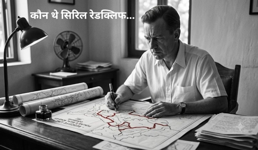 "A historical black and white photograph captures Cyril Radcliffe (as seen in image_0.png) intently studying a complex map of the Indian subcontinent, marking thick red lines. He is seated at a large, cluttered wooden desk in a simple office in New Delhi during 1947, showing deep concentration and the weight of his task."